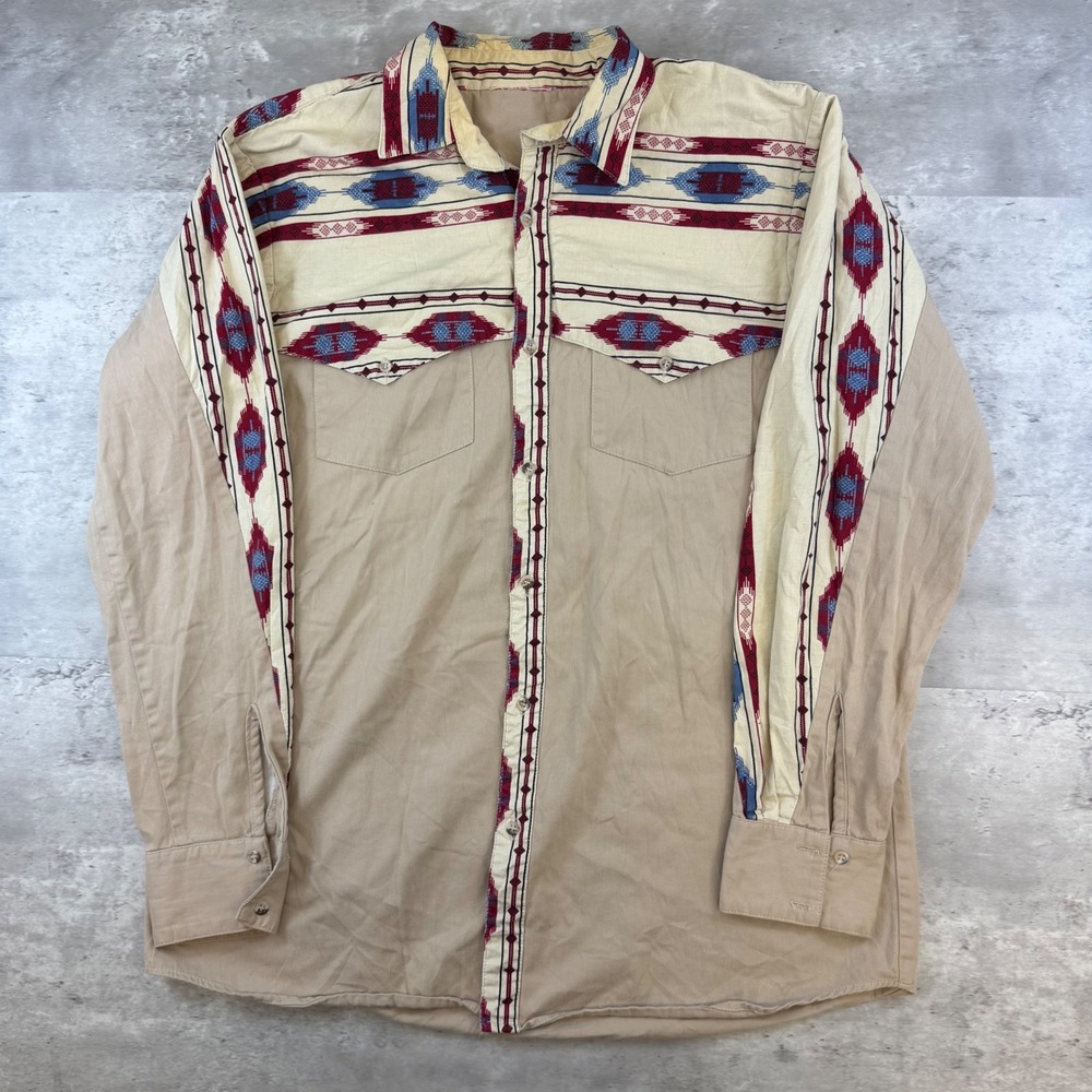 Vintage Western Southwestern Geometric Print Twill Button Down Shirt Tan XL
